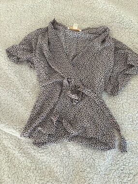 Monteau Taupe Wrap Blouse with Black Spot Print